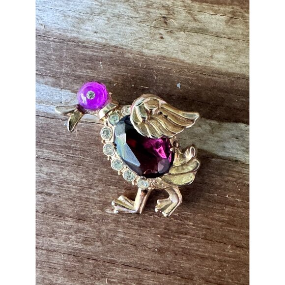 Vintage Gold-Tone Bird Brooch With Purple Rhinestones & Clear Accents - Picture 3 of 8